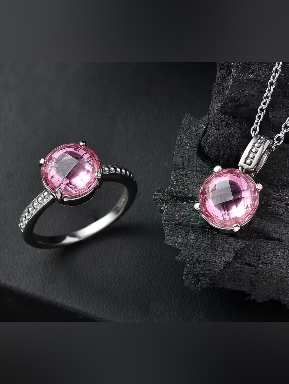 EverTrue Simulated Pink Diamond Ring and Pendant Necklace Set, 20 Inches, NWT!